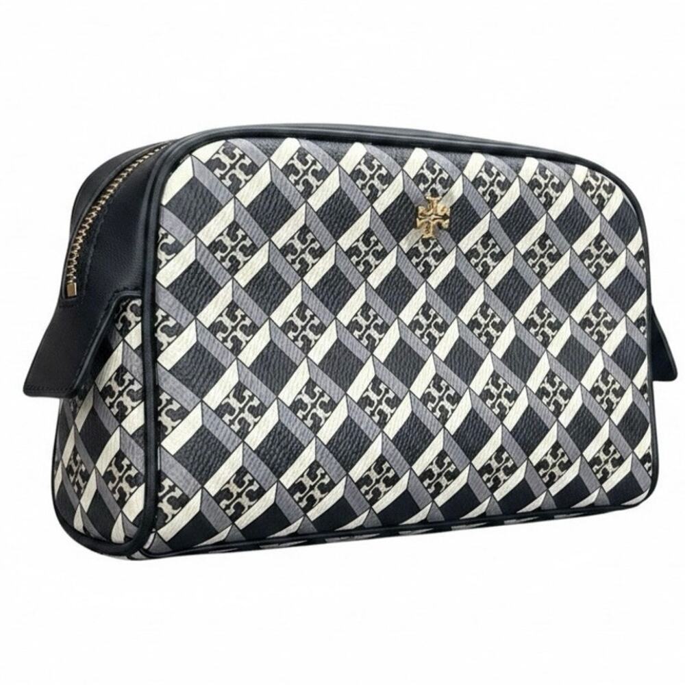 Tory Burch T Monogram Geometric Wristlet Pouch Bag Navy Blue Cream Logo Cosmetic